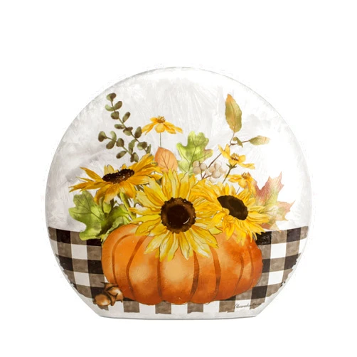 Cottage Garden Harvest Sunflower Pumpkin Round 7 x 6.25 Glass Orb Pre-Lit Plug in Tabletop Lamp Night Light, Welcome Fall