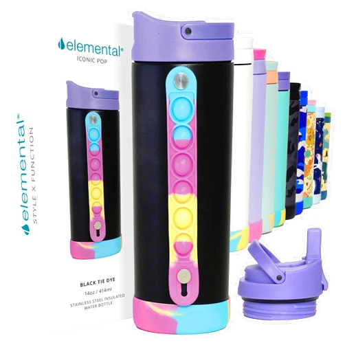 Elemental Iconic Kids Water Bottle with Straw Lid & Stress Relief Pop It Handle, Leak-Proof When Closed, Triple Insulated Kids Stainless Steel Water Bottle For Girls and Boys, 14oz - Black Tie Dye