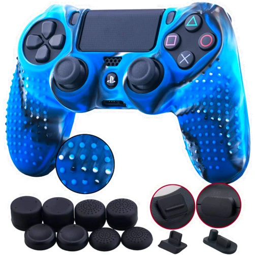 9CDeer 1 Piece of Silicone Studded Dots Protective Sleeve Case Cover Skin + 8 Thumb Grips Analog Caps + 2 dust Proof Plugs for PS4/Slim/Pro Controller, Camouflage Blue