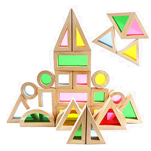 Agirlgle Wood Building Blocks Set for Kids 24 Pcs Rainbow Stacker Stacking Game Construction Toys Set Preschool Colorful Learning Educational Toys - Geometry Wooden Blocks for Boys & Girls