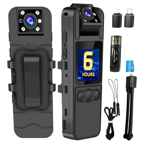 Sixmou Body Camera with Audio and Video Recording, 6 Hours HD 1296P Body Cam with 180° Rotating Lens, Night Vision, 64G B9 Body Worn Camcorder, Personal Travel, Walking, Police Law Enforcement