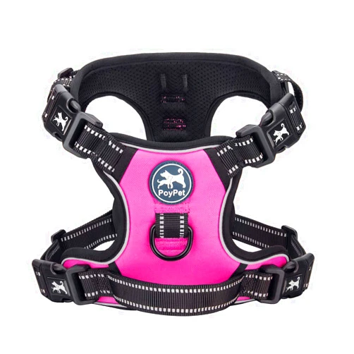 PoyPet 2019 Upgraded No Pull Dog Harness with 4 Snap Buckles, 3M Reflective with Front & Back 2 Leash Hooks and an Easy Control Handle [NO Need Go Over Dog’s Head] (Pink,L)