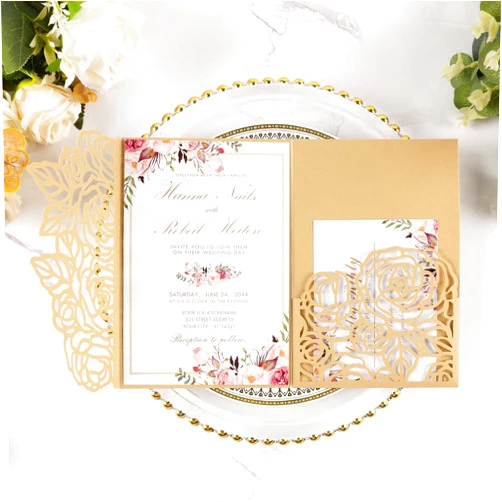 Maffily 50pcs Gold Laser Cut Wedding Invitations Card Pocket with Envelope and RSVP Cards 5x7 '' Tri-Fold Wedding Invitation Kit for Wedding Engagement Bridal Shower Birthday Quinceanera Party Invite