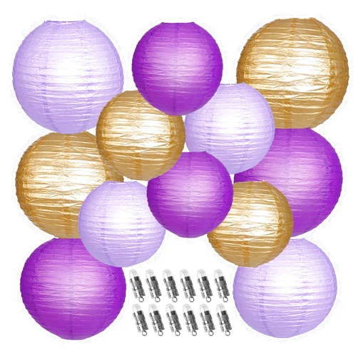 YUNXUAN Paper Lanterns Decorative, Purple Lavender Gold Hanging Paper Lanterns with Lights for Graduation Bachelorette Theme Birthday Party 12 LED Light Round Chinese Lanterns 12