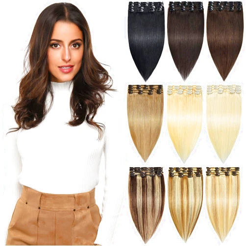 Rose bud Clip in Hair Extensions REMY Human Hair 8Pcs 18 Clips 65g/Set 14 Inch Dark Brown