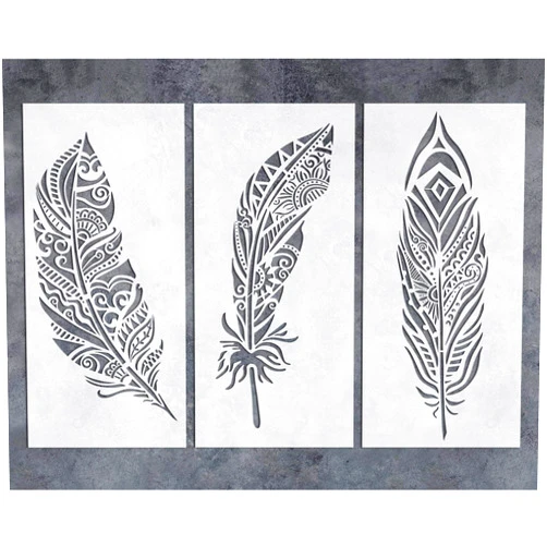 G GSS Designs GSS Designs Feather Wall Stencil (3 Pack) - Large Fancy Mandala Feather Stencil (8x17 Inch) for Painting on Wall Furniture Floor Fabric Stencils - Reusable Stencils Template for Wall Decor (SL-079)