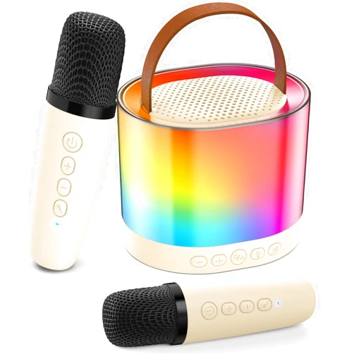 JYX Mini Karaoke Machine for Kids Adults, Portable Bluetooth Speaker with 2 Microphones, Support TF/AUX Input/Funny Magic Voice, Gifts for Birthday Party Boys & Girls Age 4 5 6 7 8+ Years Old (Beige)