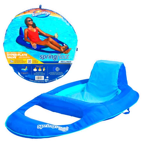 SwimWays Spring Float Recliner Chair for Swimming Pool, Inflatable Pool Floats Adult with Fast Inflation, Cup Holder & Foot Rest for Ages 15 & Up, Blue