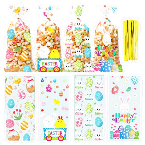 XUEHU 200pcs Easter Cellophane Treat Bags Rabbit Candy Cookie Packing Bags Cello Bag Grab Bag with 200 Twist Ties Bunny Cello Bag Party Bag