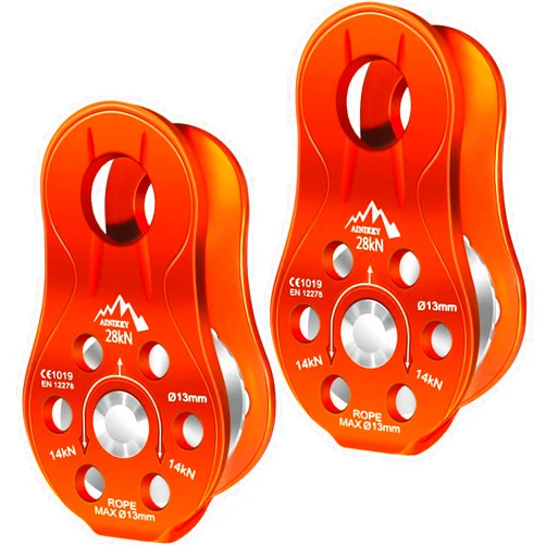 AINIKEY Fixed Plate Micro Pulley, 28KN CE Certified General Purpose Small Aluminum Rope Pulleys Slack Tender for Hauling/Rigging/Climbing/Aloft Work/Rappelling etc (Pack of 2(28KN Pulley Orange))