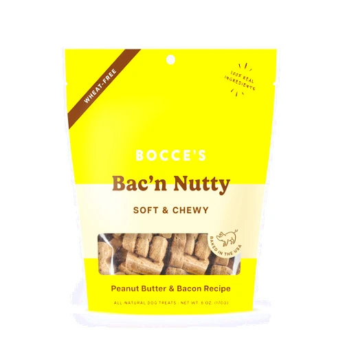 Bocce's Bakery Bac'n Nutty Soft & Chewy Dog Treats, Wheat-Free PB & Bacon Flavored All Natural Limited Ingredient Oven Baked Cookies for Dogs, 6 oz Bag