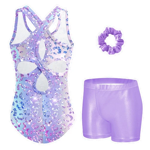 Zaclotre Gymnastics Leotards for Girls Hollow Back Sparkly Sleeveless Dance Leotard Unitards with Gym Shorts Combo