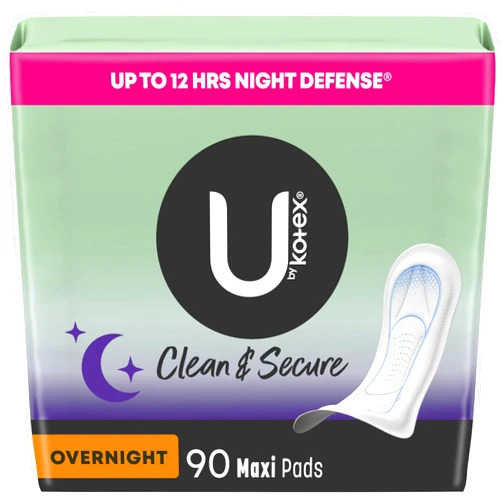 U by Kotex Clean & Secure Overnight Maxi Pads, 90 Count (3 Packs of 30) (Packaging May Vary)