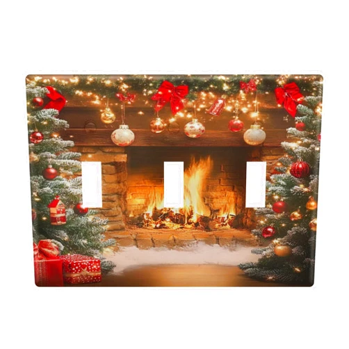 FLildon Christmas Fireplace Theme Wall Plates, Three Toggle Light Switch Cover Wall Plate 3 Gang, Decorator Light Switch Cover, Standard Size Wall Plates for Bedroom Home Decor