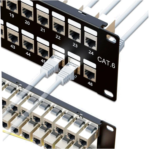 Iwillink 48 Port RJ45 Through 19-Inch Coupler 2U Cat6 Shielded Patch Panel STP Without Back Bar, Wallmount or Rackmount, Compatible with Cat5, Cat5e, Cat6 Cabling