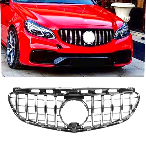 RQNIUB W212 GT R Style Front Grille with Camera Hole Grill Compatible with Mercedes Benz E300 E350 E400 2014-2016, Chrome