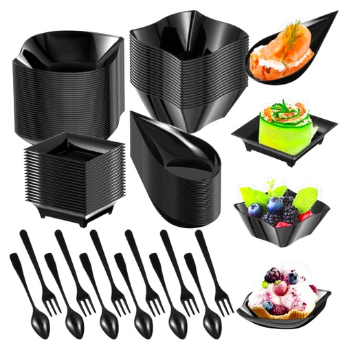 Tessco for you 200 Pcs Mini Appetizer Plates with Spoons Forks Disposable Mini Dessert Plates Plastic Appetizer Bowls Tiny Individual Serving Trays for Party (Classic Style,Black)