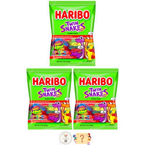 KD Supplies Haribo Gummi Candy - Soft & Chewy Delicious Gummies, (Pack of 3) Share Size Peg Bags + Bonus Mystery Candy (5 oz, Twin Snakes)