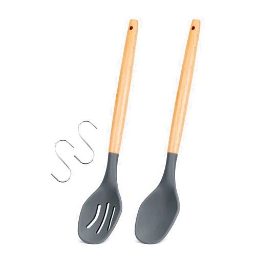Badiano Large Silicone Cooking Spoons, 2 Pack Nonstick Solid and Slotted Wooden handle Spoon Set, Heat Resistan Silicone Kitchen Spoons for Cooking, Serving, Basting, Mixing (Grey)