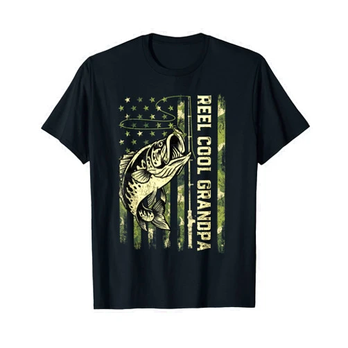 Reel Cool Grandpa Fishing USA Flag Fathers Day Reel Cool Grandpa Fisherman Camouflage Father's Day T-Shirt