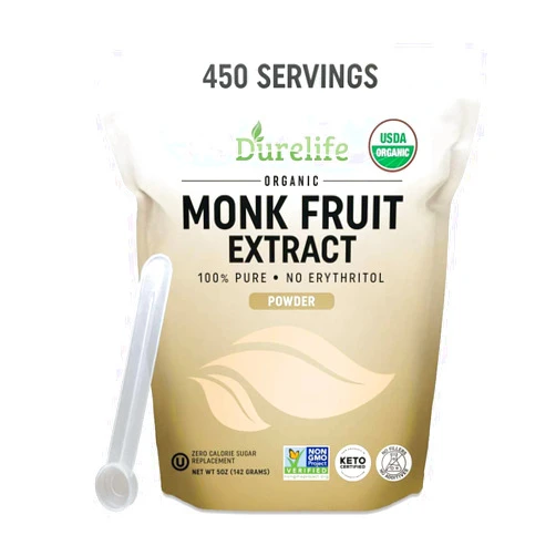 Durelife Organic 100% Pure Monk Fruit sweetener, No Erythritol, Monkfruit Extract Powder, USDA organic NON-GMO Project Verified, Keto Certified, OU kosher No Fillers Zero Calorie Sugar Substitute 5 OZ