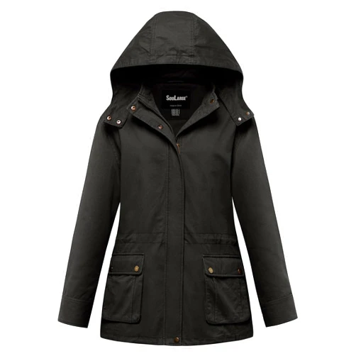 Soularge Women's Plus Size Military Cotton Jacket with Detachable Hood