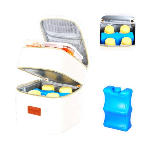 PIIOSER Breast Milk Storage Cooler Bag with Ice Pack, Fits 4 Baby Bottles Up to 5 Ounce, Small Insulated Breastmilk Cooler Travel Bag with Handle Buckle for Nursing & Working Mom Daycare, Cream