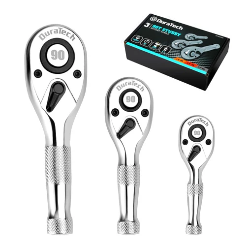 DURATECH 3PCS Stubby Ratchet Wrench Set, 90-Tooth 1/4