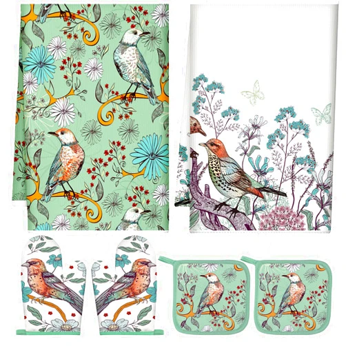 Leinuosen 6 Pcs Kitchen Set Includes Decorative Kitchen Towels Functional Pot Holders Rustic Heat Resistant Oven Mitt Kitchen Sets for Cooking Baking Grilling Daily Use (Bird and Flower)