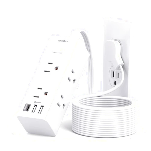 One Beat 10Ft Extension Cord with Multiple Outlets, Flat Plug Power Strip Surge Protector with 10 Ft Long Cord, 6 Outlet 3 USB Ports (1 USB C), Multi Outlet Wall Plug for Travel, College, Dorm Room Essentials