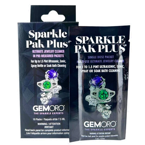 GemOro Sparkle Pak Plus Jewelry Cleaner Solution | 10 Premeasured Packets Ultrasonic & Sonic Machines or Spray Bottle & Soak Bath Jar | Professional Performance Rings Watches Glasses Earrings (10 pc)