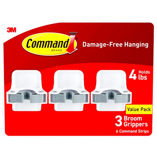 Command Broom and Mop Grippers, 3 Hangers and 6 Command Strips, Damage Free Hanging Wall Mount Broom and Mop Holder, Household Cleaning Organizer for Organization and Storage, Holds up to 4 lb