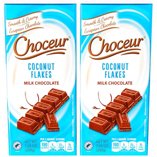 Generic Coconut Flakes European Milk Chocolate Bar, Smooth Creamy, Gift Snack Treat for Family Friends Individual Bricks - 2, 7.05oz SimplyComplete Pack by Choceur