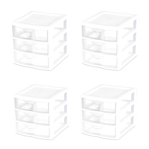 Sterilite 4-Pack Storage Organizer System for Home, Office or Dorm, 3-Drawer, White/Clear