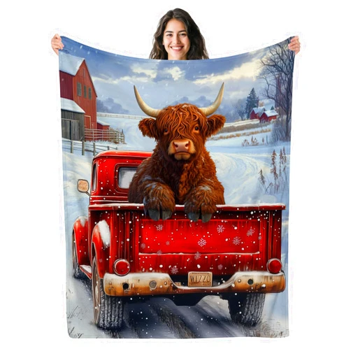 KAFFUL Highland Cow Blanket, Brown Cow in Red Truck, Women's Gift, Winter Snowflakes Farmhouse Decor, 50