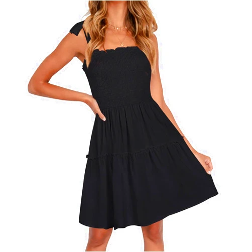 ZESICA Women's 2024 Summer Spaghetti Strap Sleeveless Square Neck Ruffle A Line Swing Mini Dress