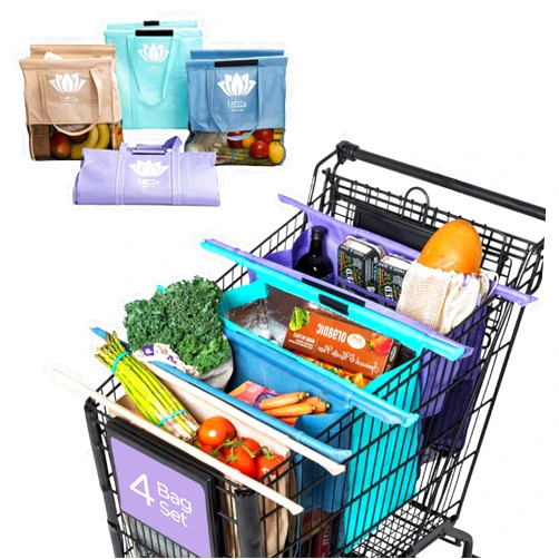 Lotus Trolley Bags for Shopping Carts - Set of 4 Reusable Shopping Bags, Grocery Bags with Insulated Cooler & Egg/Wine Holder, Foldable, Washable Grocery Cart Bags, Multi-Use Grocery Tote Bags