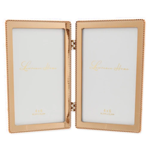 Lawrence Frames 4x6 Hinged Double Cast Metal Picture Frames, Gold Classic Bead Design