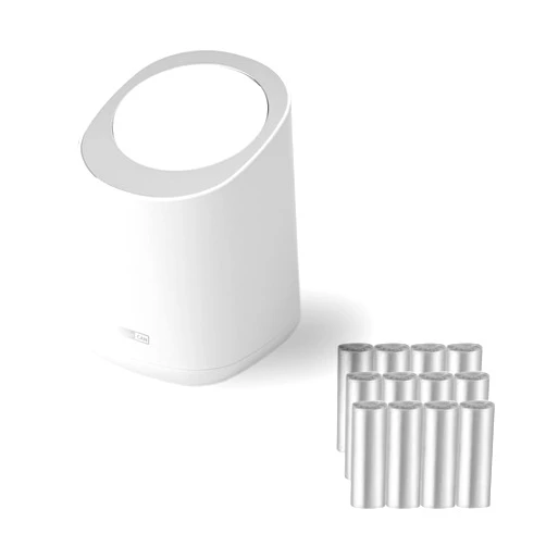PANDENNER Mini Countertop Trash Can with 12 Rolls of Trash Bags, Waste Can with Press Type Lid, Desktop Trash Can Applicable for Bathroom Vanity,Coffee Table,Offices (White)