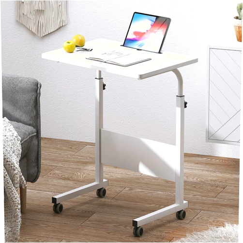 DlandHome Rolling Desk Mobile Standing Desk Mobile Side Table 23.6 Inches w/Wheels Adjustable Movable Portable Laptop Computer Stand for Bed Sofa,White,DUS-05-3-60WT-NEW