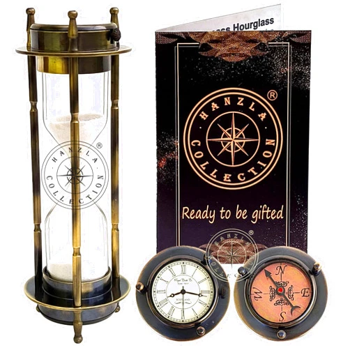 Hanzla Collection Black Antique Brass Compass Hourglass Nautical Maritime Sand Timer & Desk Clock Vintage Hour Glass Metal Sand Watch Sand Clock Decorative Sandglass for Gift & Home Desk Office Decor
