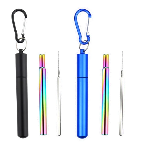 Foweroty 2 Pack Collapsible Stainless Steel Drinking Straws, Metal Reusable Straws, Travel Retractable Straws with 2 Aluminum Case, 2 Cleaning Brush, and 2 Keychains, Cruise Ship Essentia(Black&Blue)