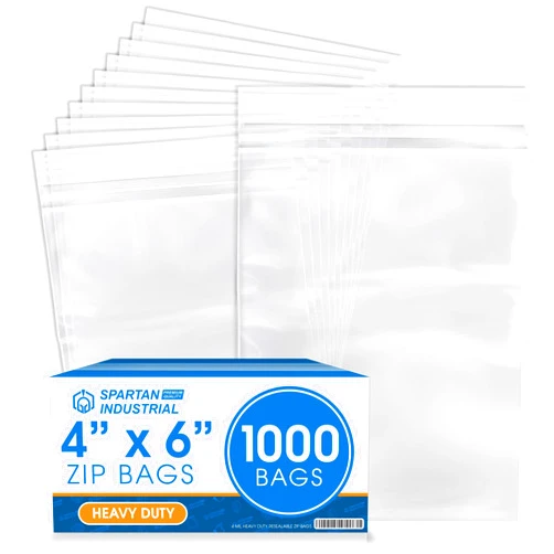 Spartan Industrial - 4” X 6” (1000 Count) 4 Mil Thick Clear Reclosable Zip Plastic Poly Bags with Resealable Lock Seal Zipper - Heavy Duty and Durable