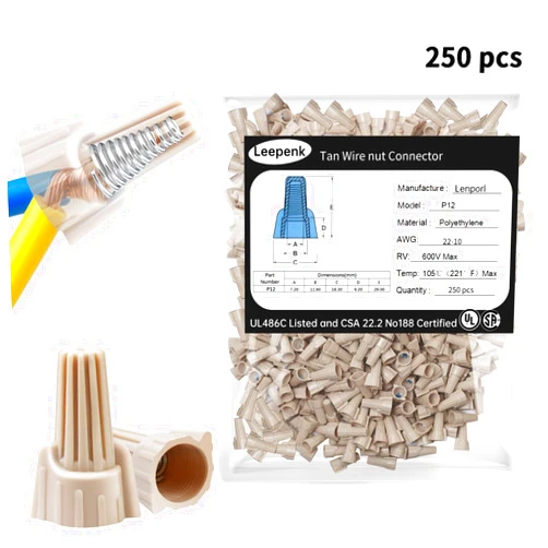 Leepenk 250 PCS Tan Wire Nuts Connectors P12 22-10AWG Twist Wire Caps Electrical Wire Connectors, Winged Springs Screw Terminals Wire Nuts Assortment Kit for Wire Connection