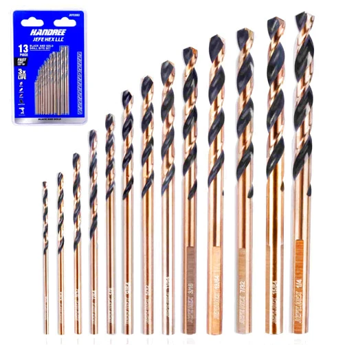 JEFE HEX 13 PCS High Speed Steel with 3-Flat Shanks, Black & Gold Coated, General Purpose Jobber Length Twist Drill Bit, 135 Degrees Split Point