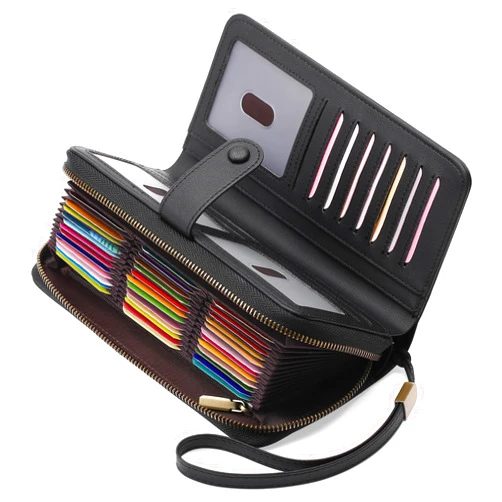 GAEKEAO Leather Credit Card Holder Wallet for Women RFID Blocking Large Capacity Bifold Zipper Card Case Organizer with Wristlet 45 Slots