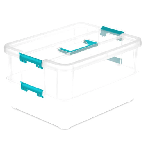 Sterilite 1427CLR Stack & Carry - 2 Layer Box, Clear Lid & Blue Handle, See-through layers