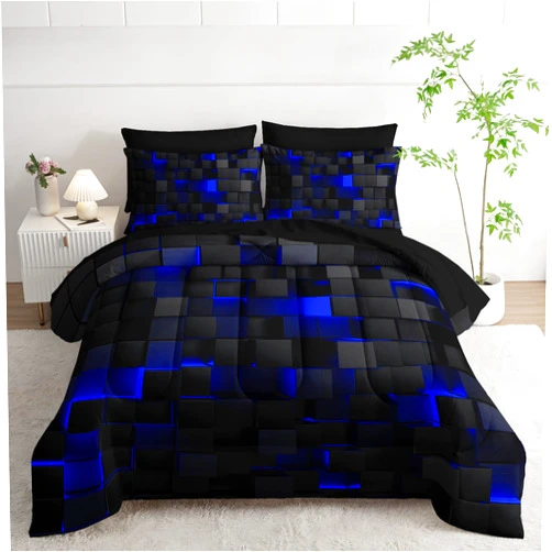 Nttopship Geometric Blue Black Queen Comforter Set,Light Honeycomb Bedding Set 7 Piece in A Bag,Bed Sheet Set Geometry Decor,Microfiber Lightweight All Season