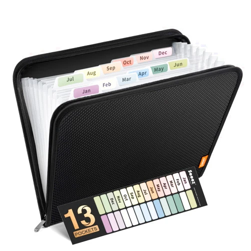 Sooez 13 Pocket Accordion File Organizer, Zipper Expanding File Folder Organizer, Reinforced Plastic Accordion Folder, A4 Letter Size, Portable Folders for Documents, Black