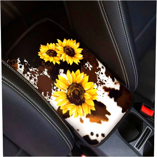 FOR U DESIGNS Car Center Console Pad Cow Print Cute Car Interior Accessories Auto Armrest Cushion Cover Protector Universal Fit for SUV Sedan Truck Sunflower Print